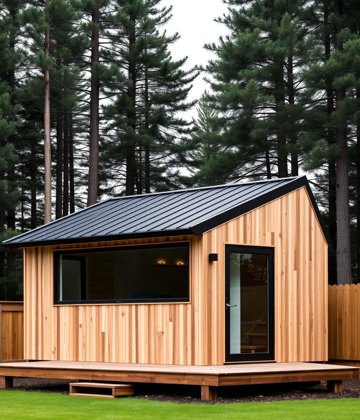 Modern minimalist cedar cabin in a pine forest
