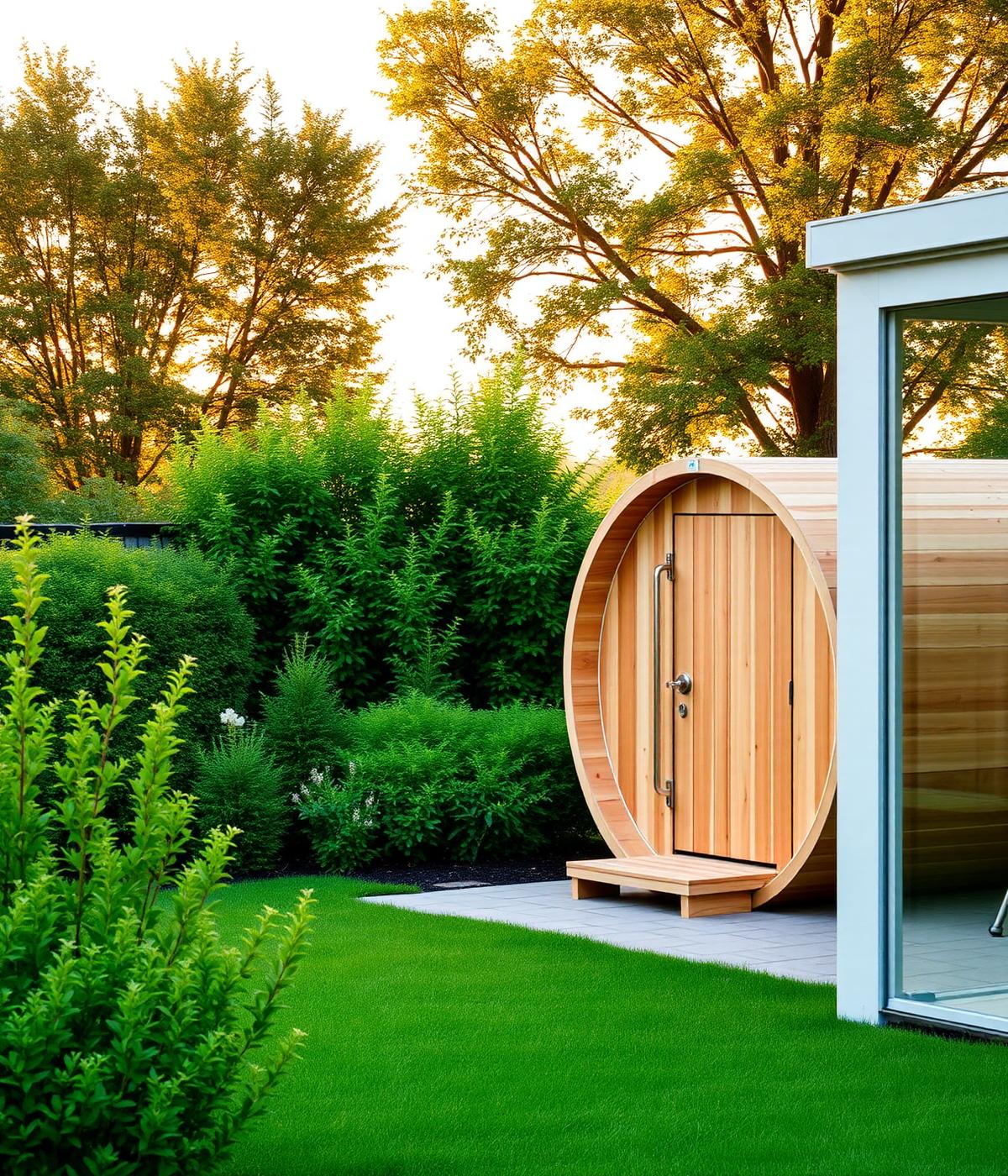 Cedar barrel sauna in a green garden at golden hour
