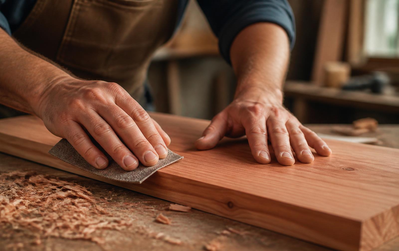 Craftsman finishing cedar planks in workshop
