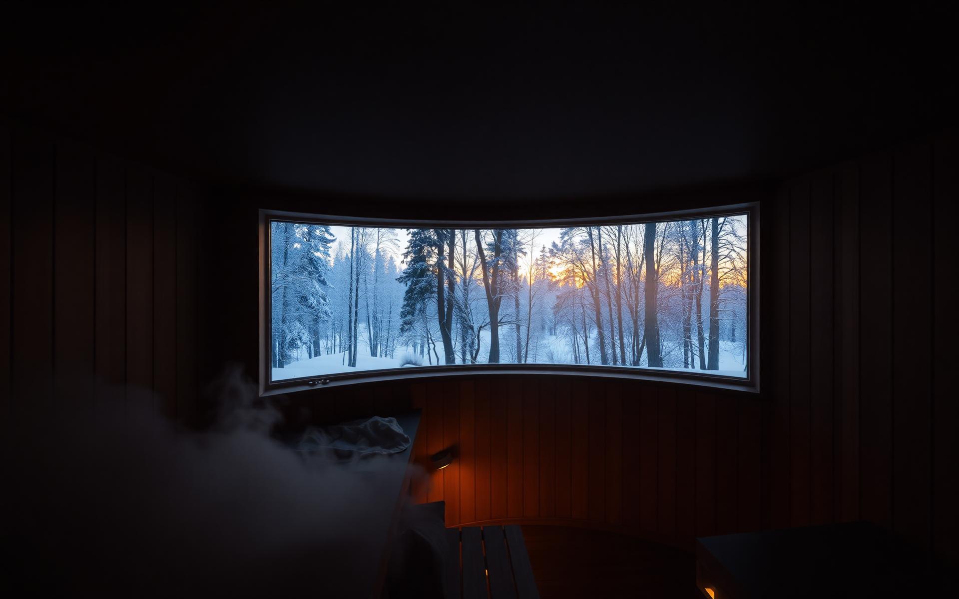 Interior of a modern cedar sauna at dusk looking out at a snowy forest